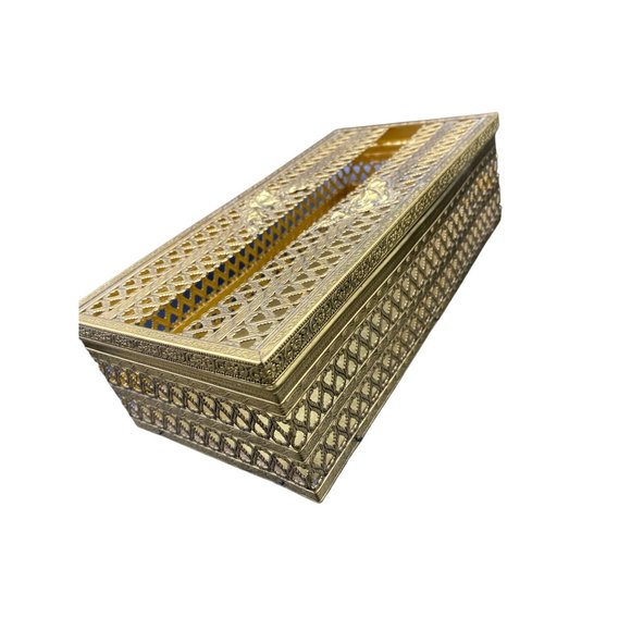 Vintage Gold Filigree Rose Tissue Box Cover Silver MCM Hollywood Regency - Picture 6 of 14